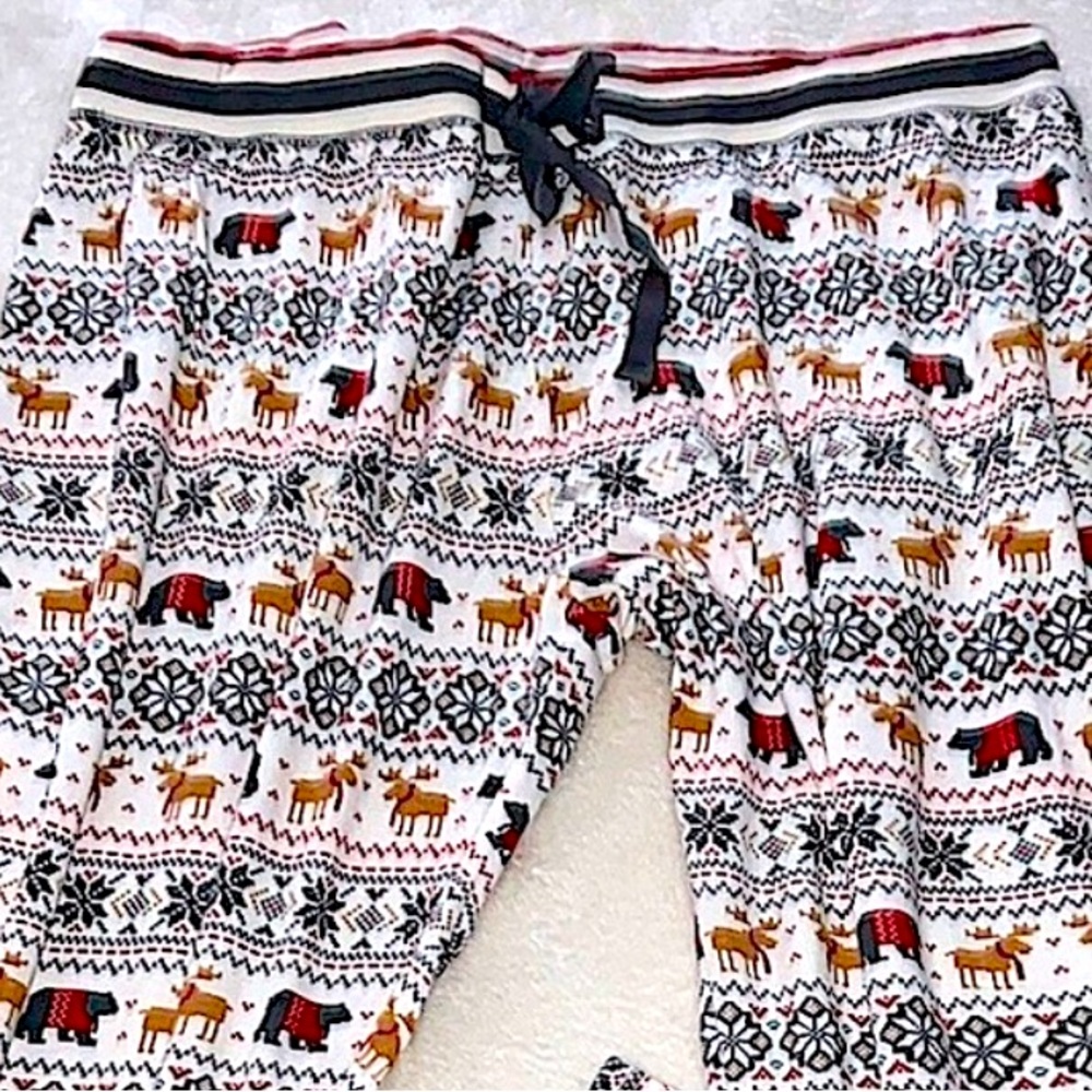 PJ SALVAGE 🫎🦌 WHITE/RED COTTON MOOSE DEER BEAR SNOWFLAKE THERMAL PAJAMA PANTS 2X - Picture 2 of 8